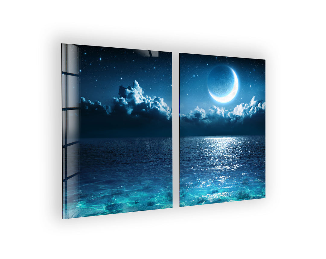 Crescent Moon & Clouds Over Blue Sea Glass Wall Art, print on glass, glass printed photos