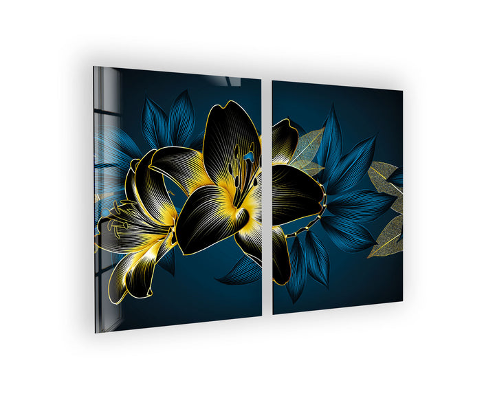 Blue, Gold Flower Abstract Glass Wall Art, picture on glass wall art, photos printed on glass