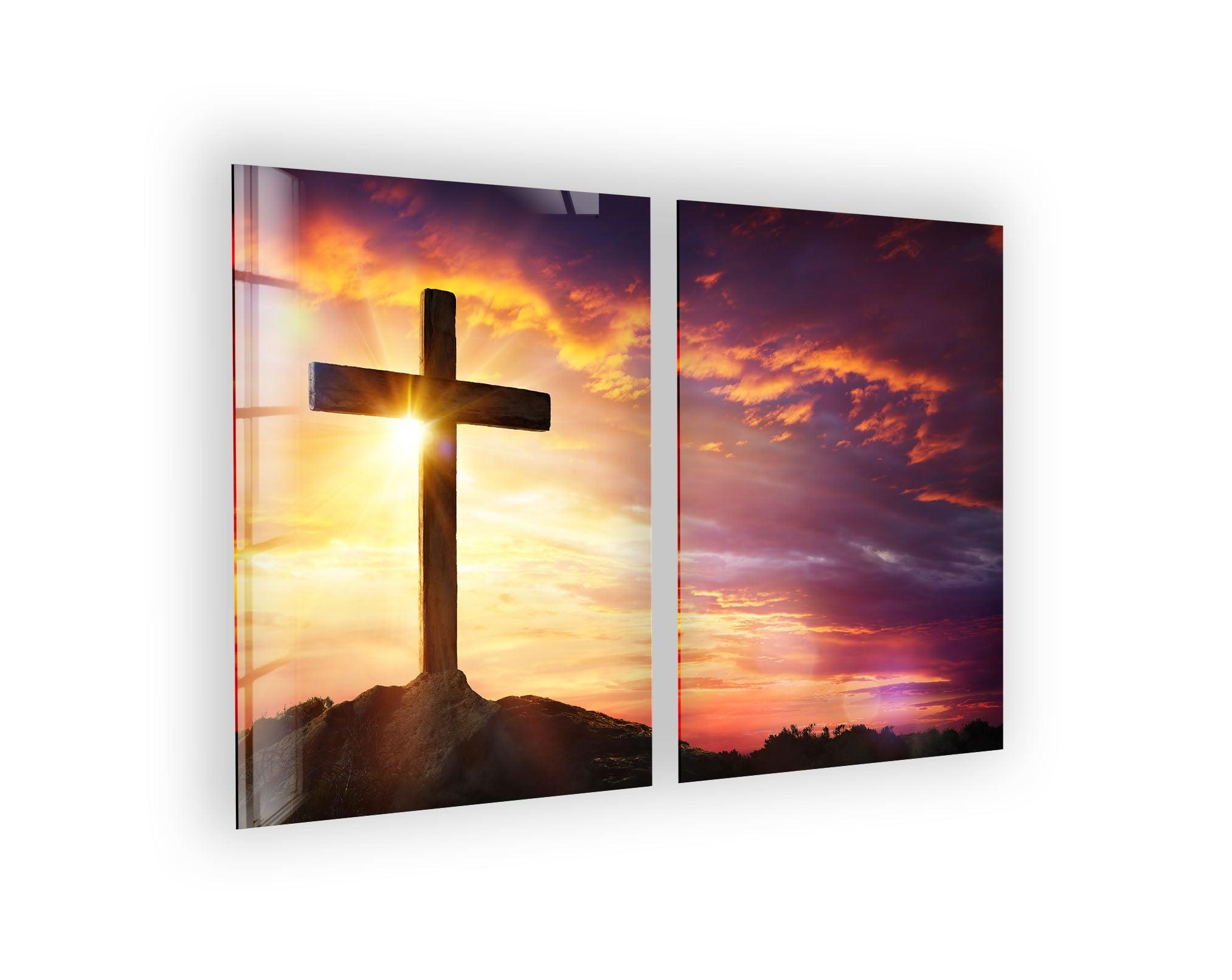 Jesus Christ Cross With Sunset Glass Wall Art, glass wall decor, glass wall art decor