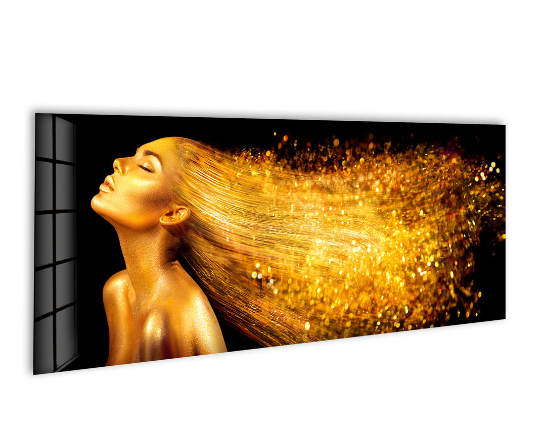 Gold Woman With Golden Hair Glass Wall Art, custom glass photo prints, large glass prints