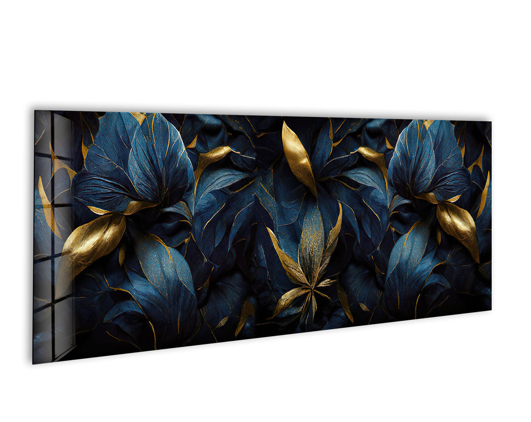 Luxurious Golden, Dark Blue Floral Glass Wall Art, print on glass, glass printed photos