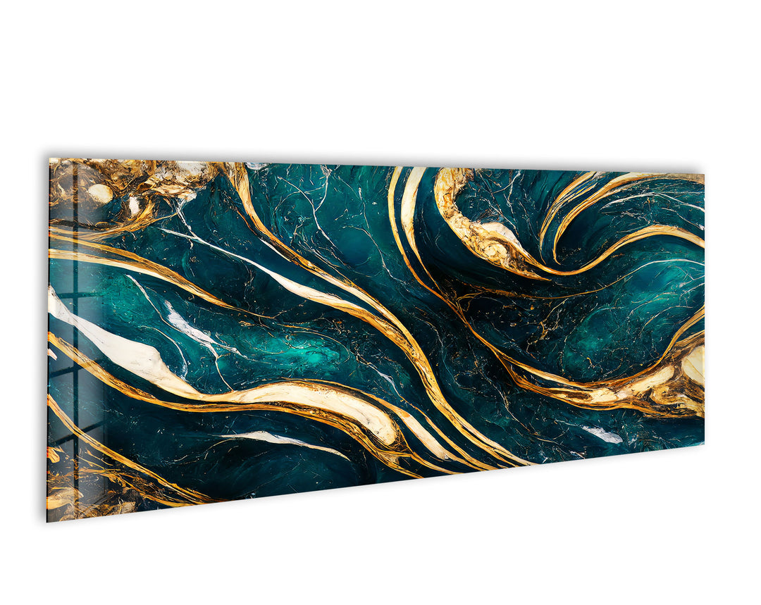 Green, Turquoise With Gold Marble Abstract Glass Wall Art, large glass photo prints, glass wall photos