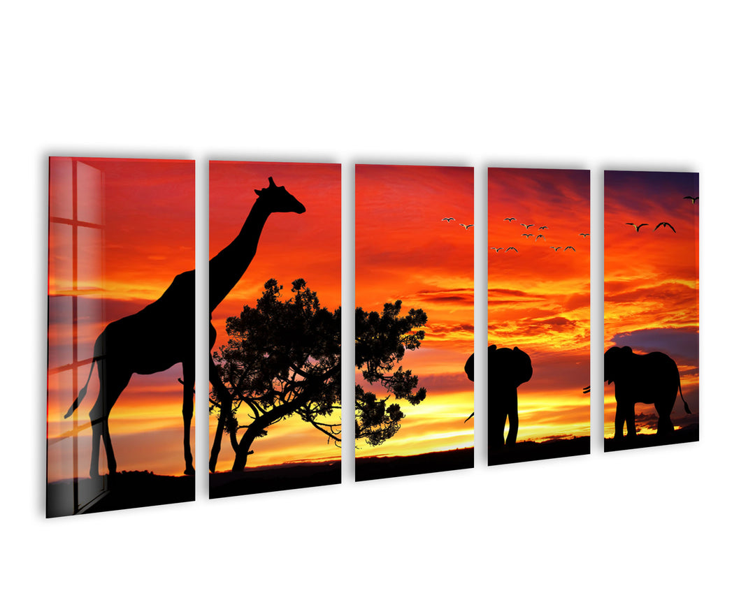 Giraffe & Elephants At Sunset Glass Wall Art, large glass photo prints, glass wall photos