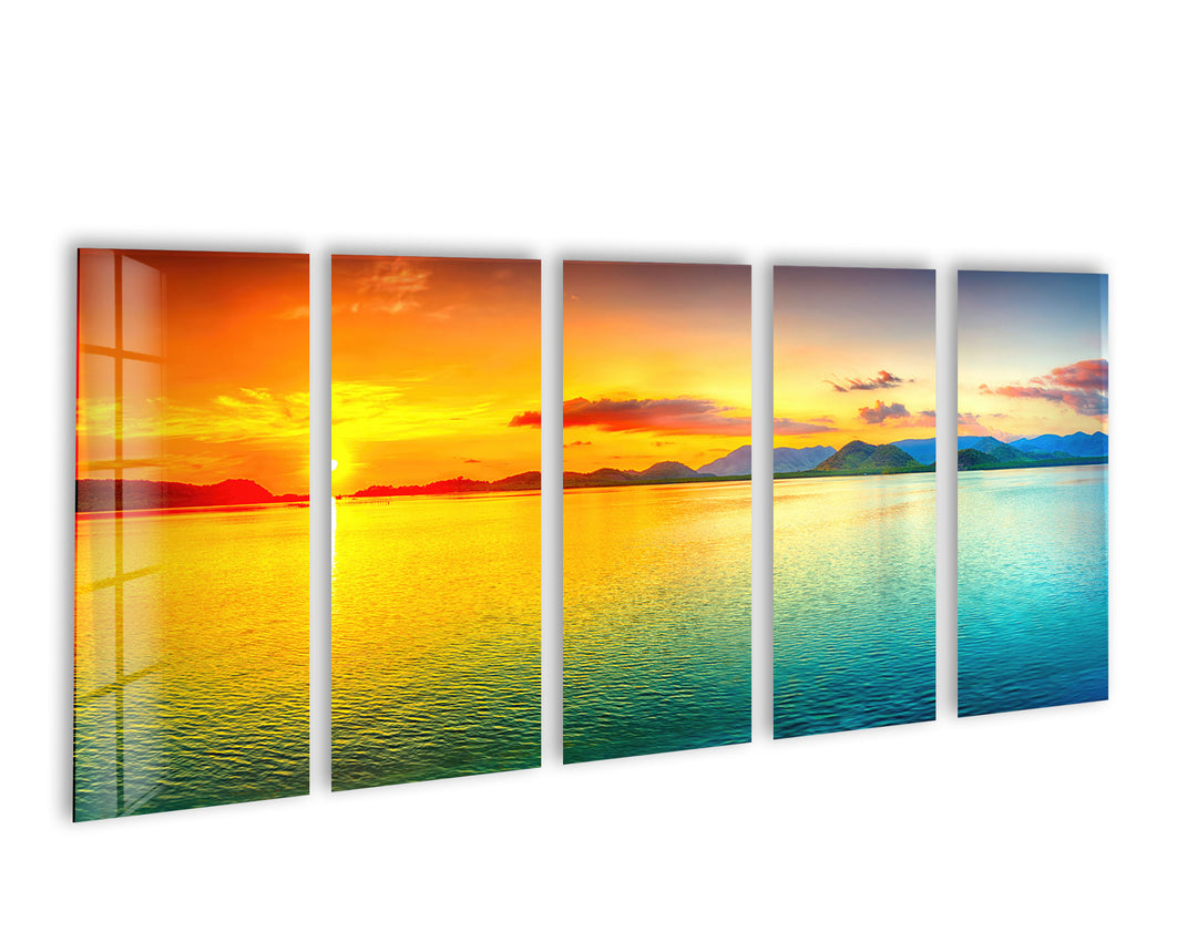 Yellow & Blue Sunset Seascape Glass Wall Art, art glass wall art, glass wall art pictures