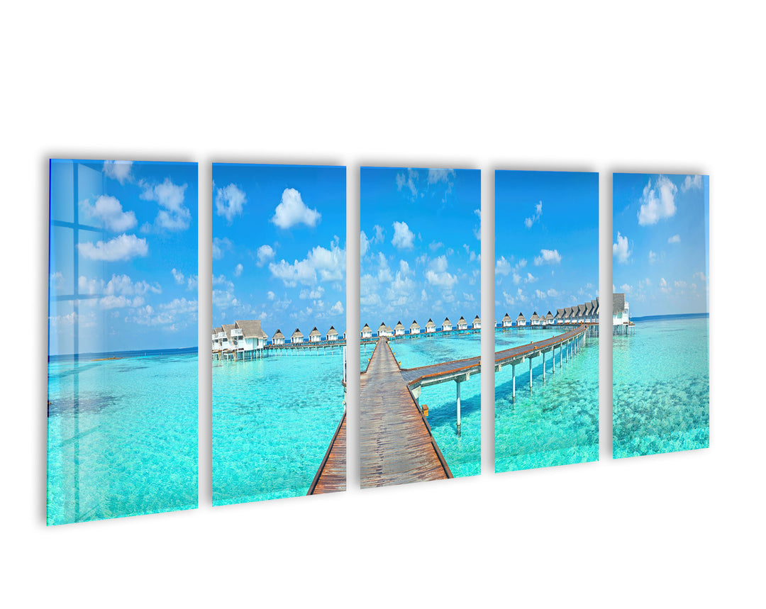 Bungalows Maldives Island Landscape Glass Wall Art, glass photo prints, glass picture prints