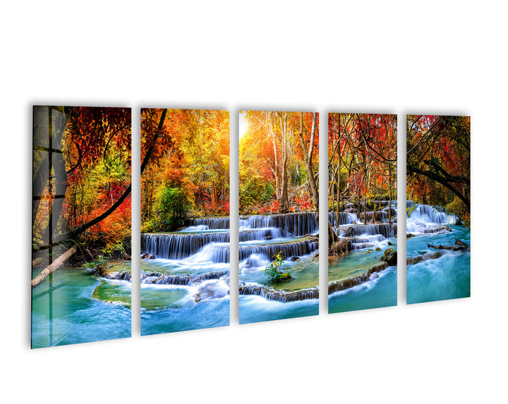 Autumn Trees and Waterfall Landscape Glass Wall Art, custom glass pictures, glass art prints