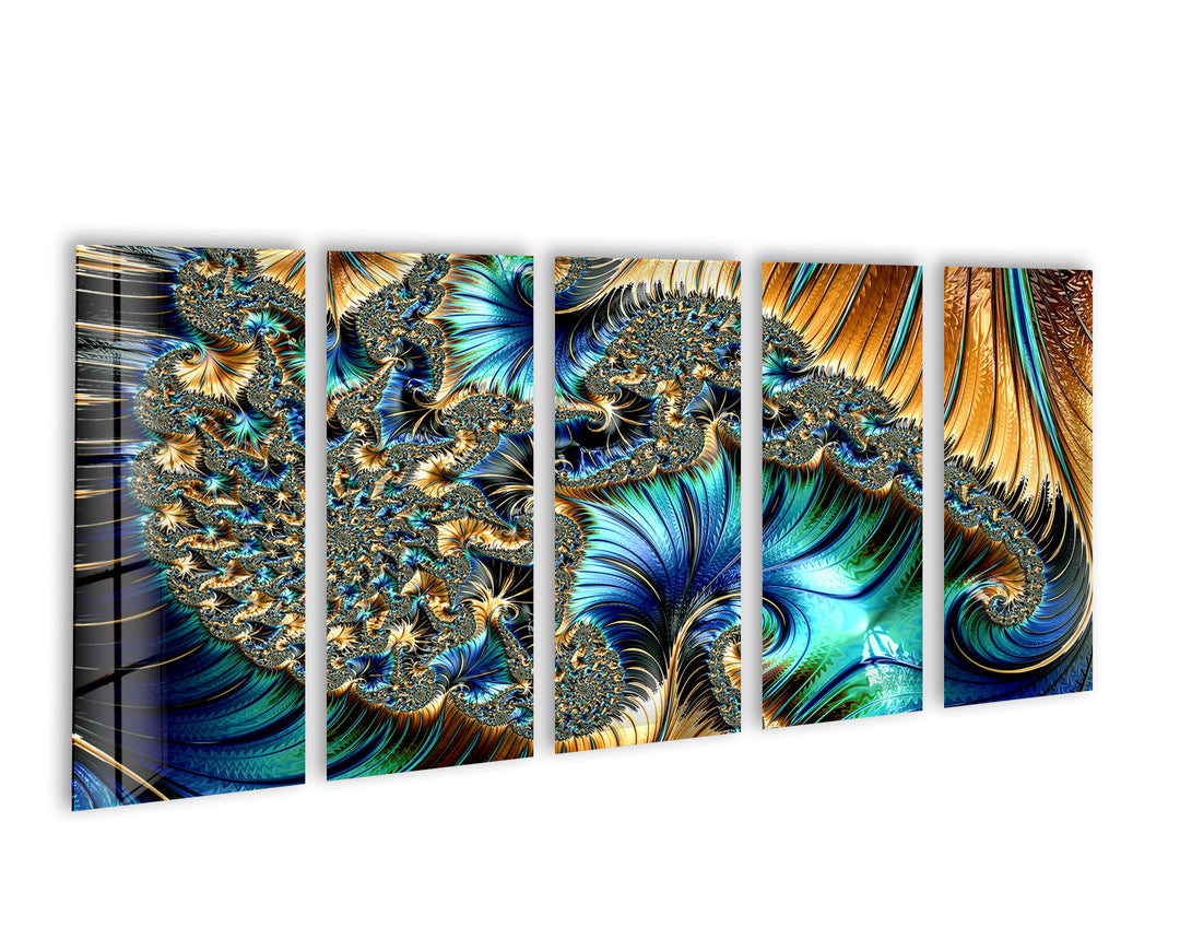 Blue, Golden Fractal Abstract Glass Wall Art, photo print on glass, prints on glass wall art