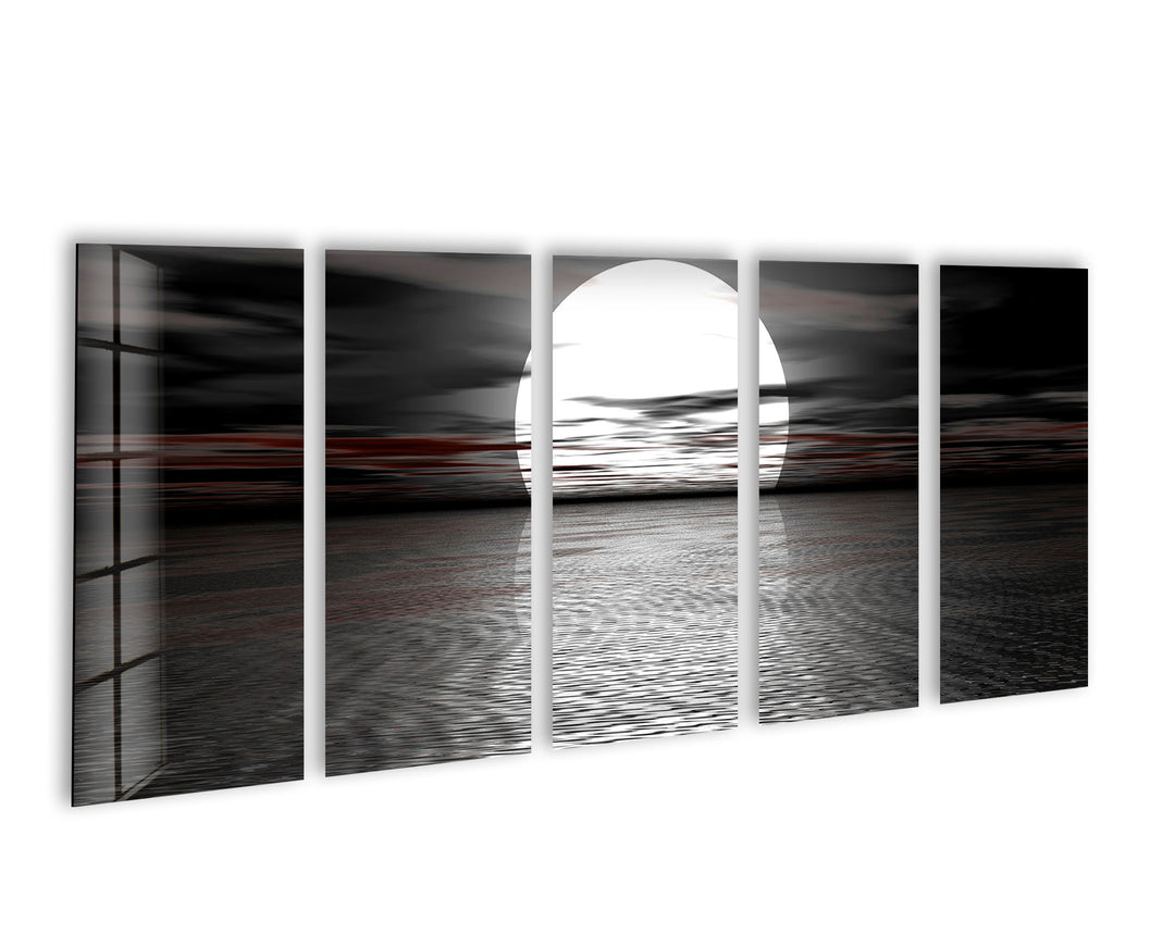 Black & White Full Moon Sea Landscape Glass Wall Art, glass photo prints, glass picture prints