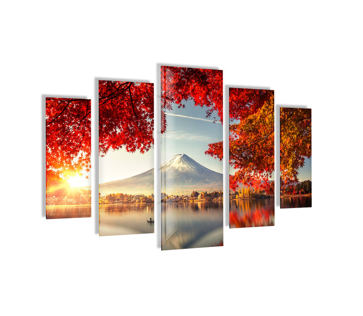 Fuji Mountain & Red Tree Landscape Glass Wall Art, photo print on glass, prints on glass wall art