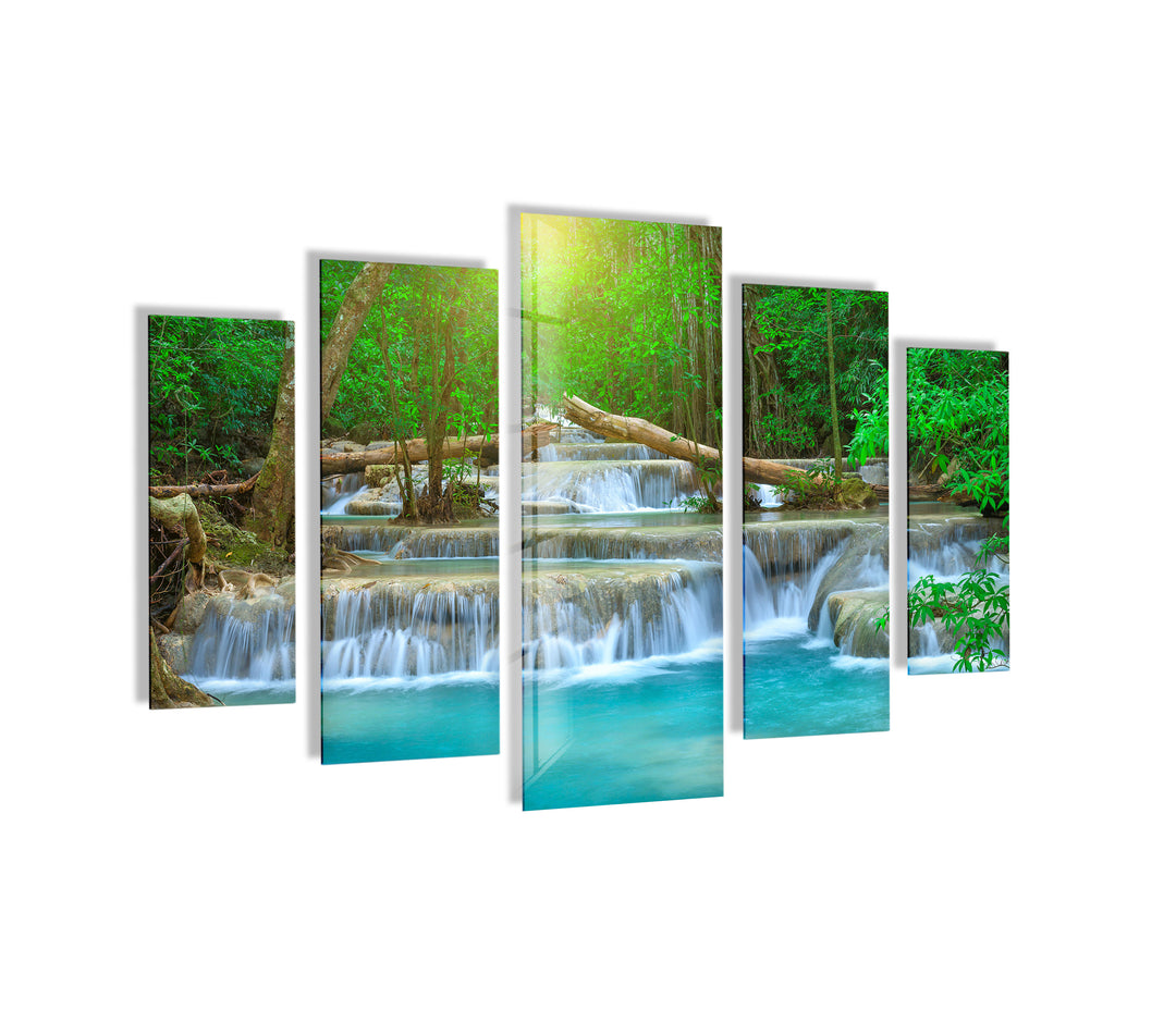 Thailand Turquoise Waterfall Landscape Glass Wall Art, print on glass, glass printed photos