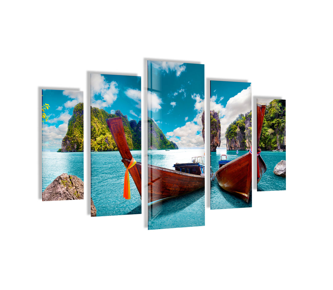 Phuket Island Boats Seascape Glass Wall Art, glass pictures for Wall, glass prints wall art