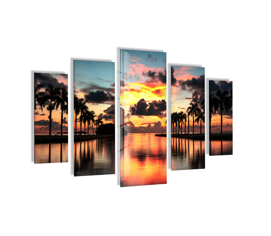 Paradise Beach Sunset, Tropical Palms Glass Wall Art, Glass Printing Wall Art, Print photos on glass