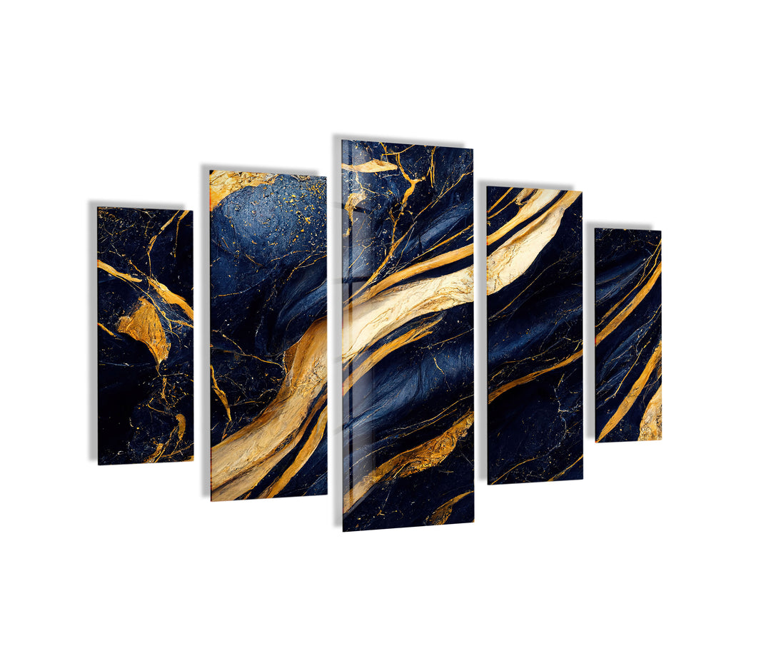 Navy Blue With Golden Veins Marble Glass Wall Art, glass art painting, glass art for the Wall