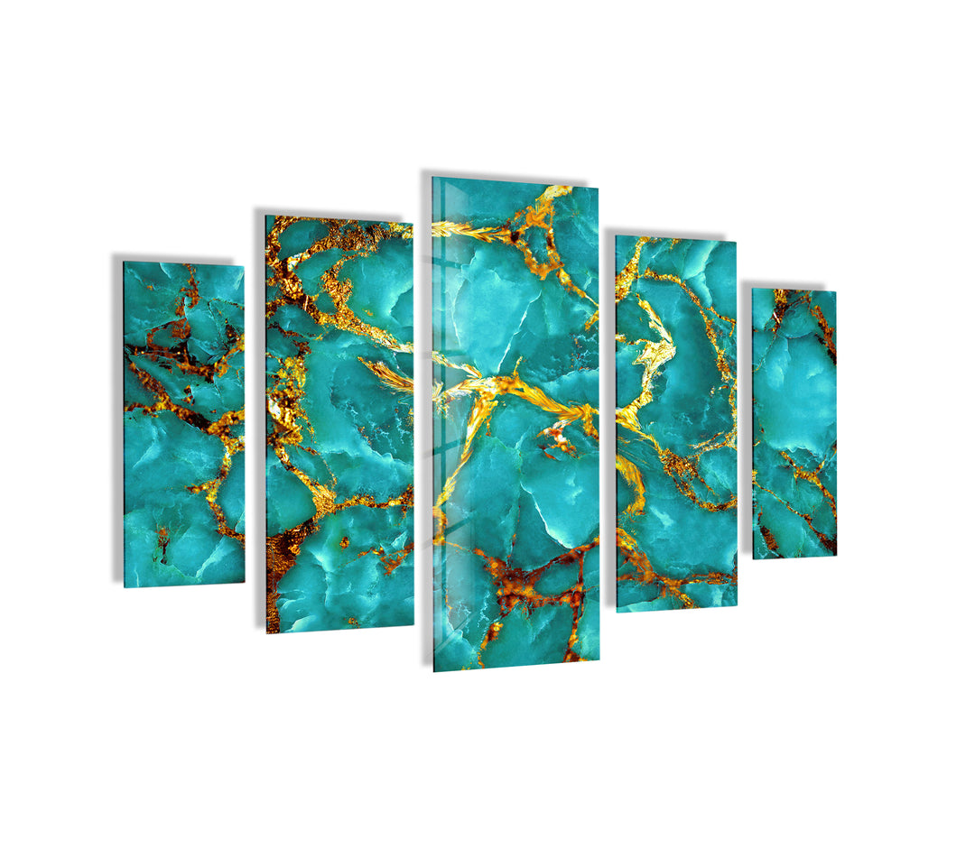 Aqua Blue With Gold Veins Abstract Glass Wall Art, picture on glass wall art, photos printed on glass