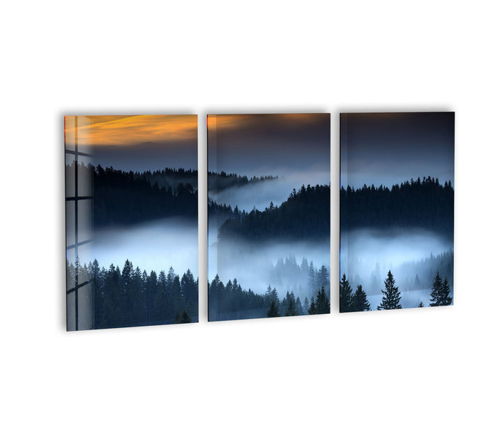 Foggy Forest At Sunset Glass Wall Art, large glass photo prints, glass wall photos