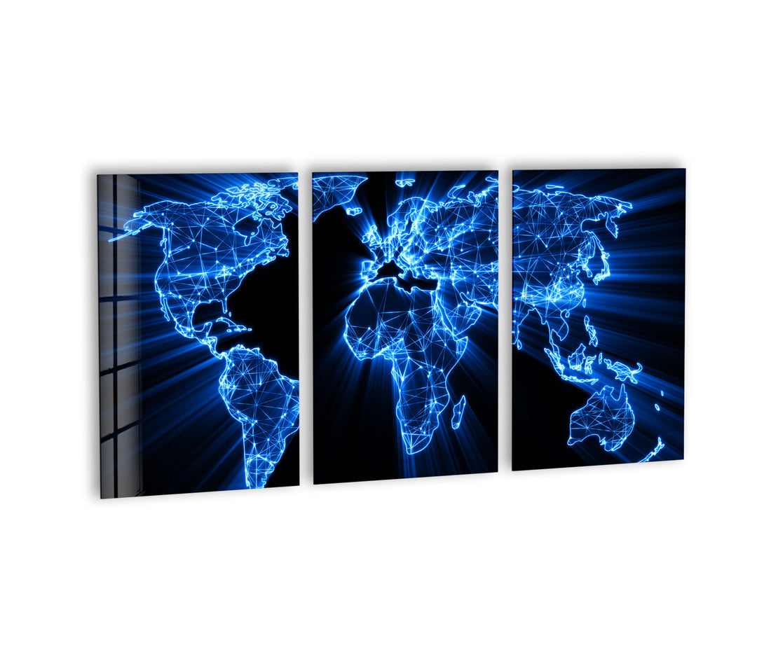 Glowing Blue World Map Glass Wall Art, custom glass pictures, glass art prints