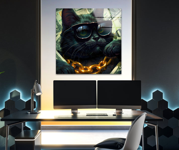 A Cat in Black Glasses Glass Wall Art glass art painting, glass art for the Wall