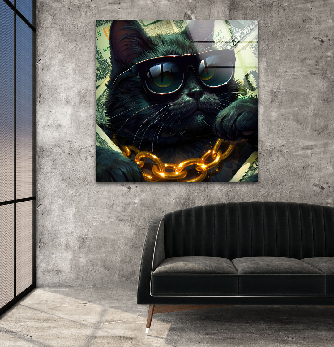 A Cat in Black Glasses Glass Wall Art large glass photo prints, glass wall photos