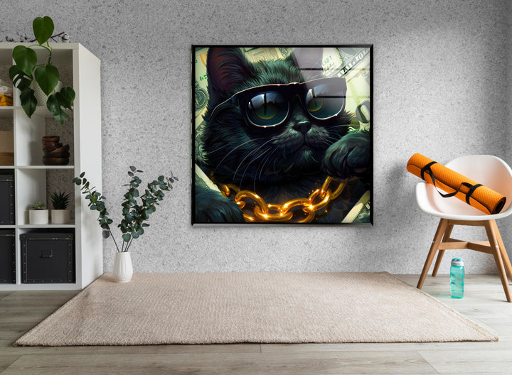 A Cat in Black Glasses Glass Wall Art stained glass wall art, stained glass wall decor