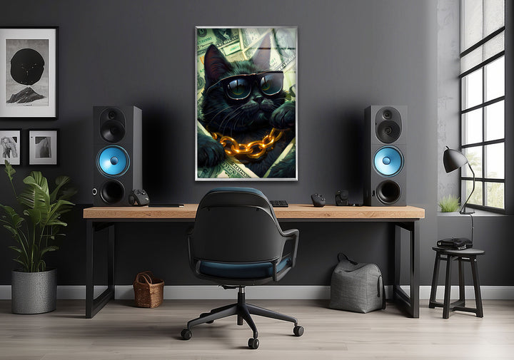 A Cat in Black Glasses Glass Wall Art photo print on glass, prints on glass wall art