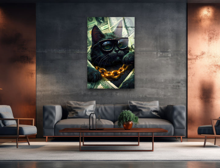 A Cat in Black Glasses Glass Wall Art             glass wall decor, glass wall art decor