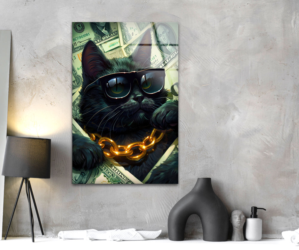 A Cat in Black Glasses Glass Wall Art custom glass pictures, glass art prints