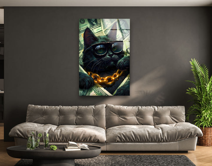 A Cat in Black Glasses Glass Wall Art picture on glass wall art, photos printed on glass