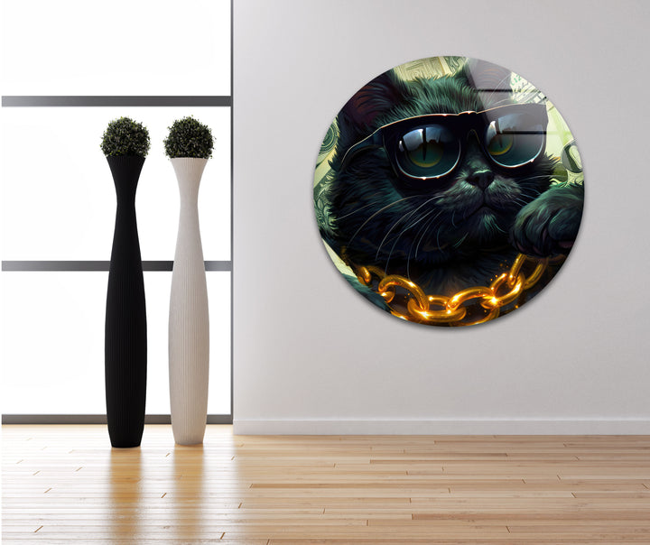 A Cat in Black Glasses Glass Wall Art print picture on glass,Tempered Glass Wall Art