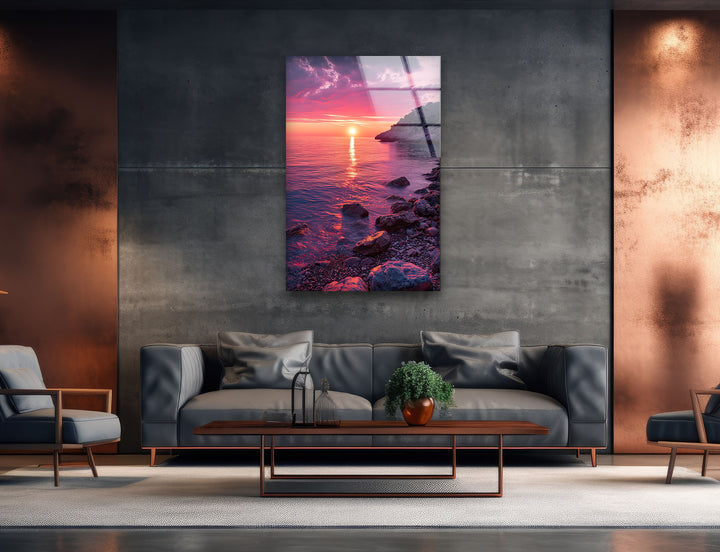 Pink Sunset Landscape Glass Wall Art glass art painting, glass art for the Wall
