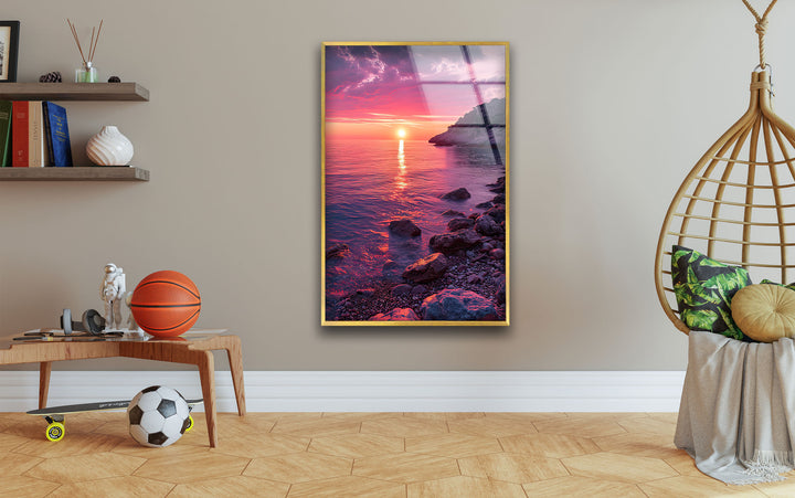 Pink Sunset Landscape Glass Wall Art Glass Printing Wall Art, Print photos on glass
