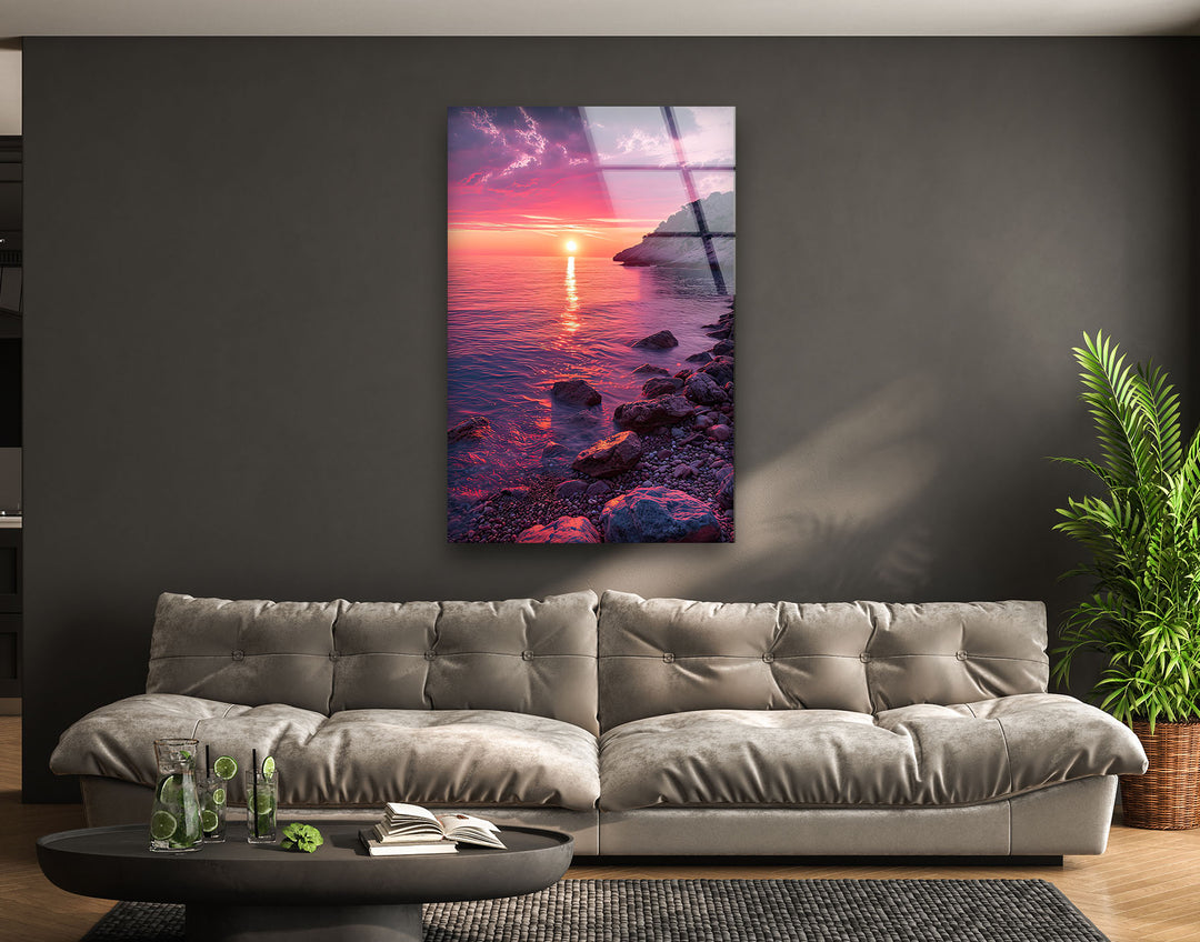 Pink Sunset Landscape Glass Wall Art stained glass wall art, stained glass wall decor
