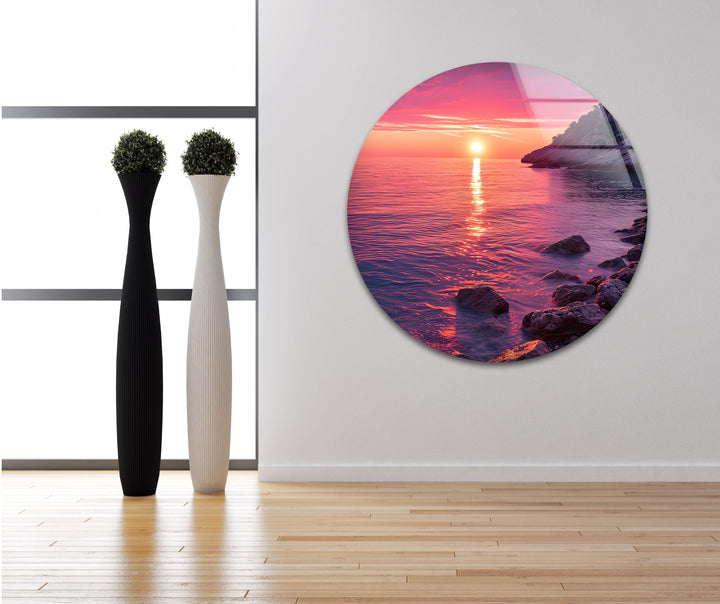 Pink Sunset Landscape Glass Wall Art