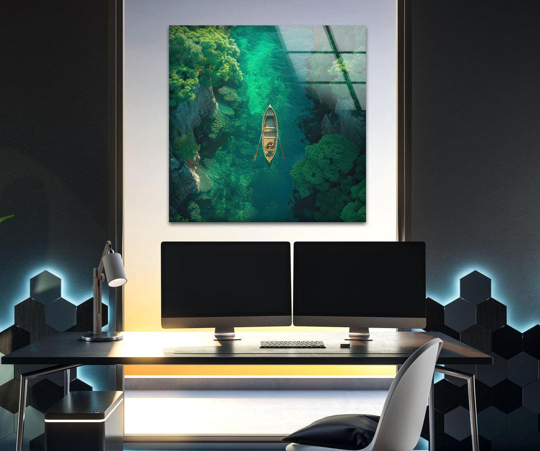 Green Forest in the River Glass Wall Art