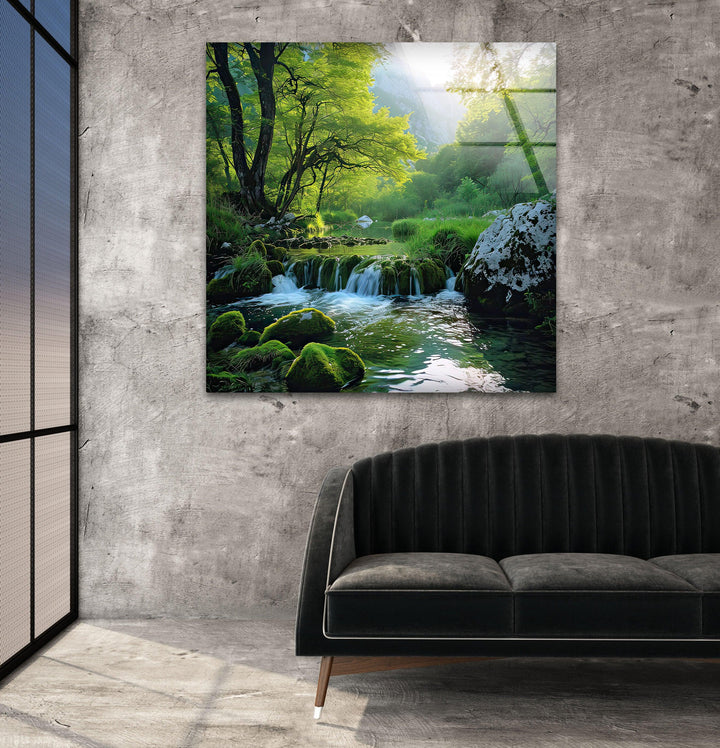 Green Waterfall in Forest Glass Wall Art print on glass, glass printed photos
