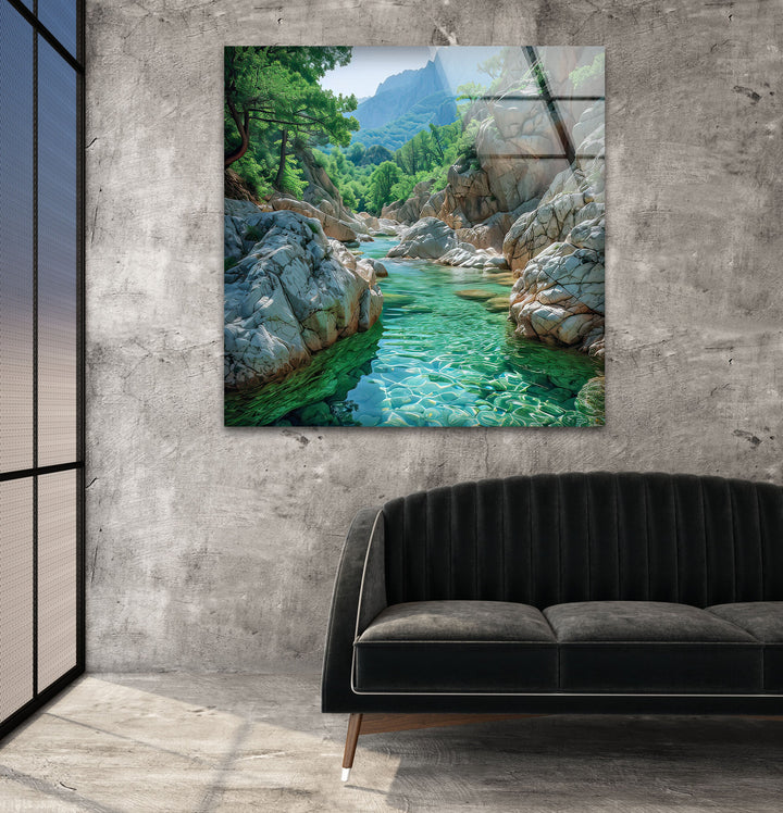 Vivid River Landscape Glass Wall Art custom glass pictures, glass art prints
