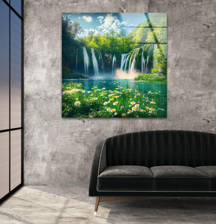 Daisy & Waterfall Glass Wall Art print picture on glass, Tempered Glass Wall Art
