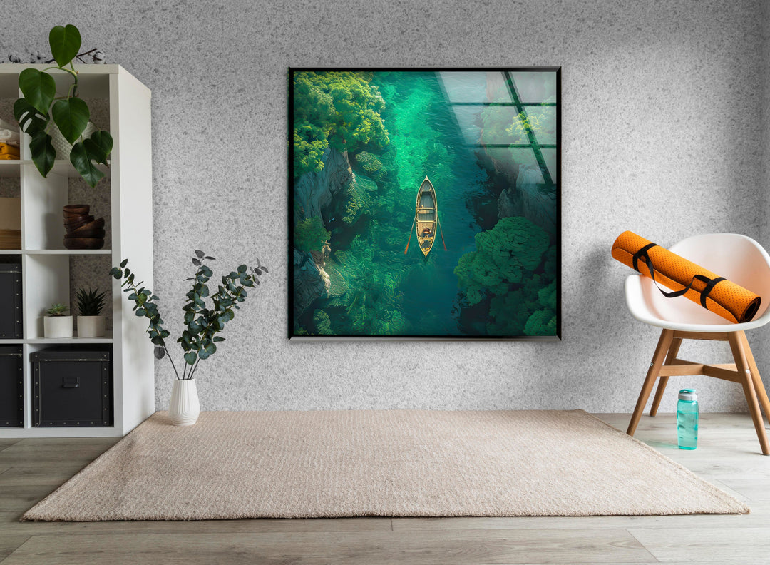 Green Forest in the River Glass Wall Art