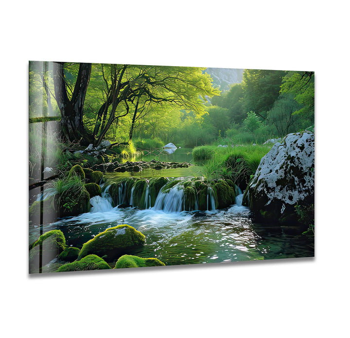 Green Waterfall in Forest Glass Wall Art glass image printing, glass prints from photos
