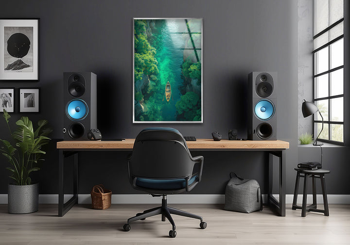 Green Forest in the River Glass Wall Art