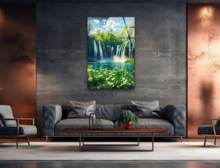 Daisy & Waterfall Glass Wall Art photo print on glass, prints on glass wall art
