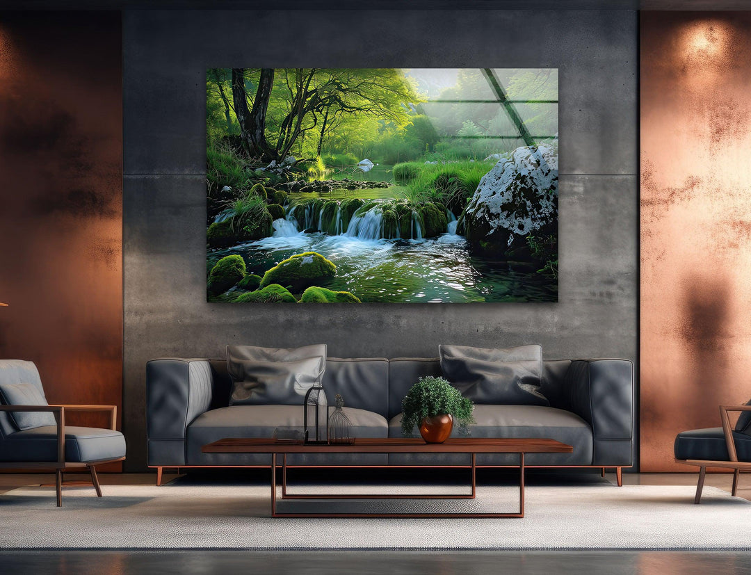 Green Waterfall in Forest Glass Wall Art custom glass pictures, glass art prints
