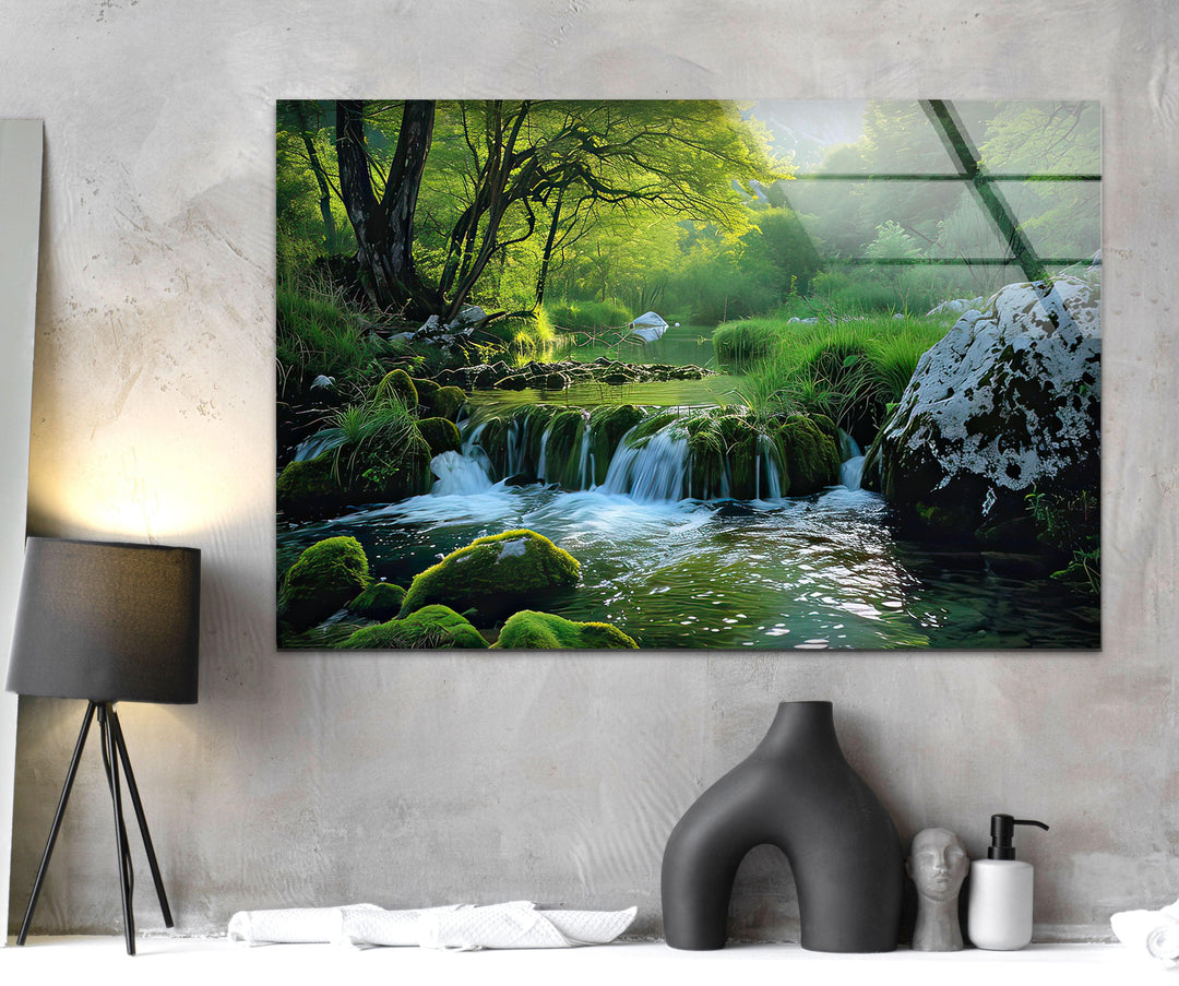 Green Waterfall in Forest Glass Wall Art photo print on glass, prints on glass wall art
