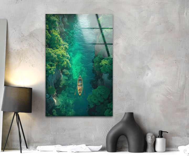 Green Forest in the River Glass Wall Art