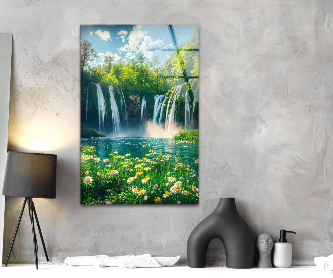 Daisy & Waterfall Glass Wall Art large glass photo prints, glass wall photos
