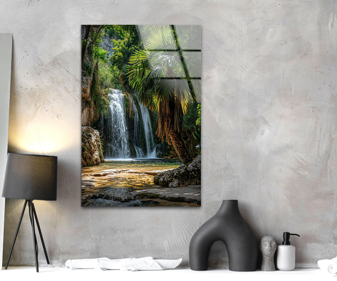 Waterfall in Green Forest Glass Wall Art glass image printing, glass prints from photos
