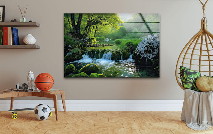 Green Waterfall in Forest Glass Wall Art large glass photo prints, glass wall photos
