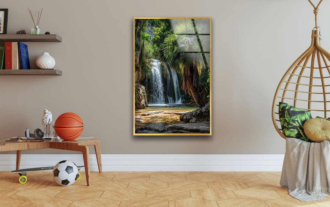 Waterfall in Green Forest Glass Wall Art glass pictures for Wall, glass prints wall art
