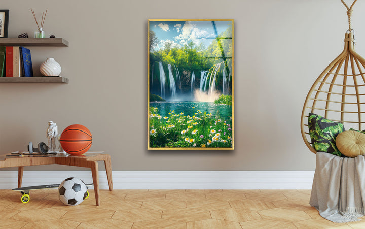 Daisy & Waterfall Glass Wall Art custom glass photo prints, large glass prints
