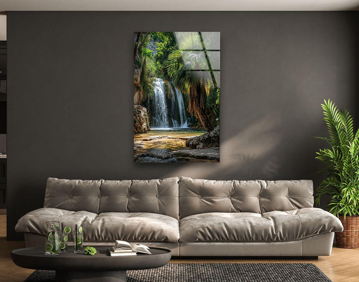 Waterfall in Green Forest Glass Wall Art custom glass pictures, glass art prints
