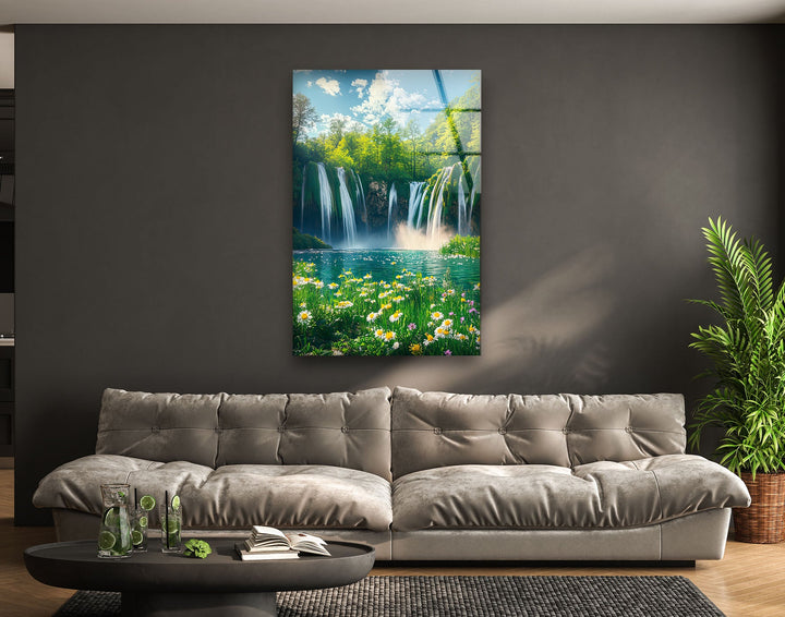 Daisy & Waterfall Glass Wall Art glass image printing, glass prints from photos
